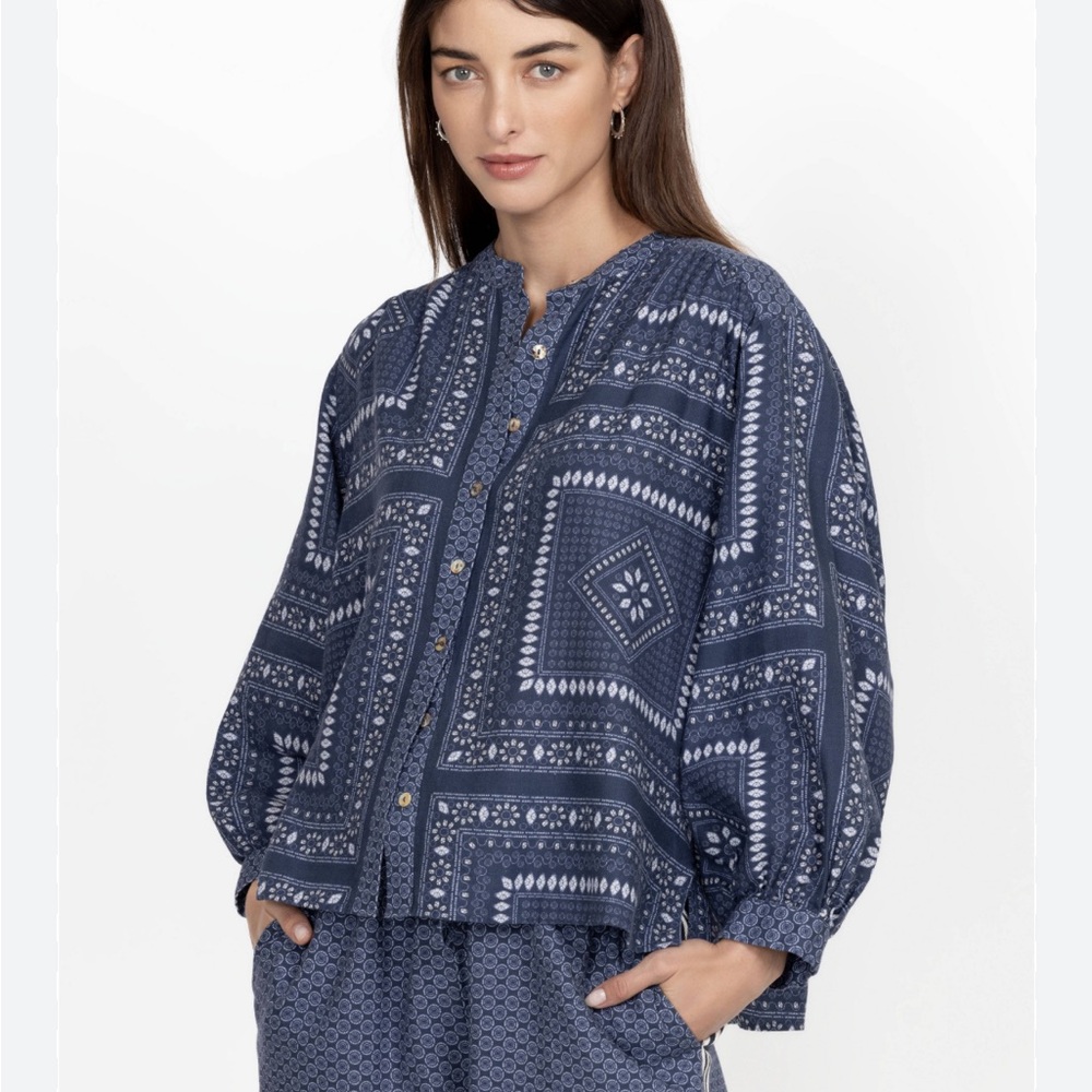 Johnny Was Patched Ikat Shirred Yoke Blouse